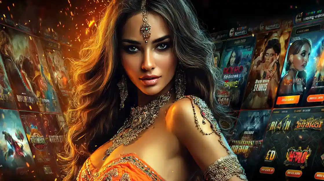 Beautiful woman in golden jewelry and orange dress standing before glowing OKLV slot machines with fiery sparks and glamorous casino vibe