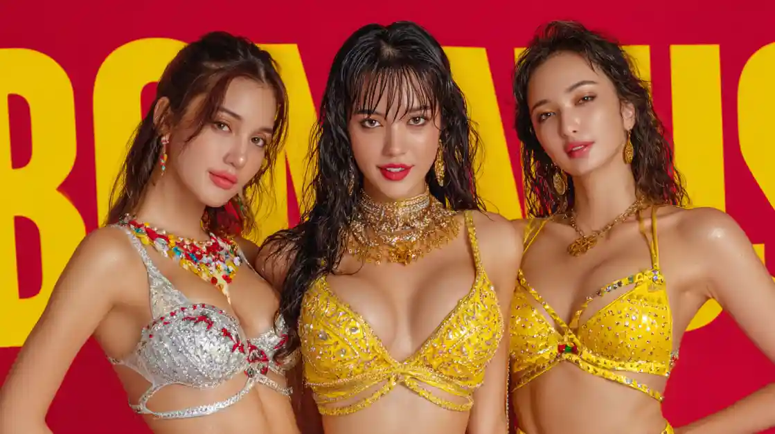 Three glamorous women in sparkling gold and silver outfits posing before bold BONUS background in OKLV promotional casino celebration style