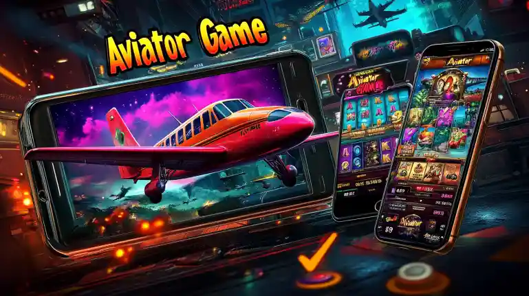 Smartphone screens showing Aviator game with red airplane flying out of display in OKLV mobile casino filled with glowing neon lights