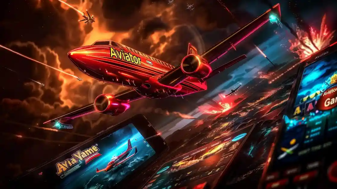 Multiple screens showing Aviator slot reels and pilot character in vibrant OKLV casino with neon planes and interactive gaming