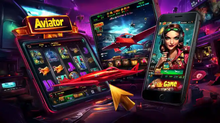 Red airplane labeled Aviator soaring through fiery sky with explosions and neon lights over OKLV casino interface for high-stakes action