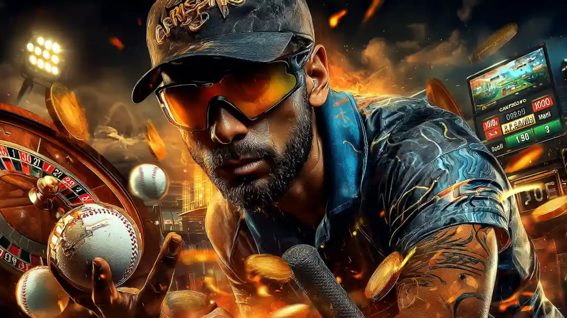 Athletic man in cap and glasses holding baseball with roulette wheel and slot machines behind, surrounded by flying coins in OKLV fiery casino action