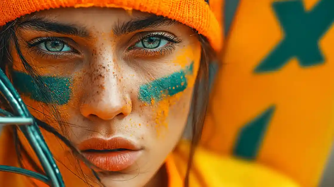 Close-up of woman with blue eyes wearing orange hat and face paint, representing OKLV cricket team spirit with bold intensity