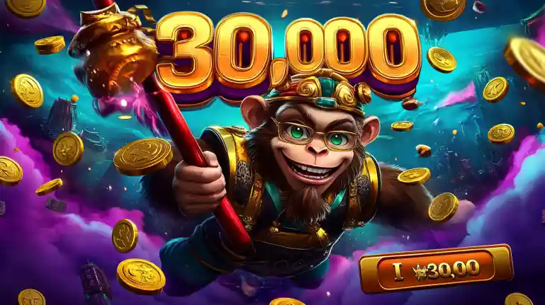 Cartoon monkey hero holding golden staff surrounded by coins under big 30,000 sign in cosmic OKLV slot adventure with vibrant neon background