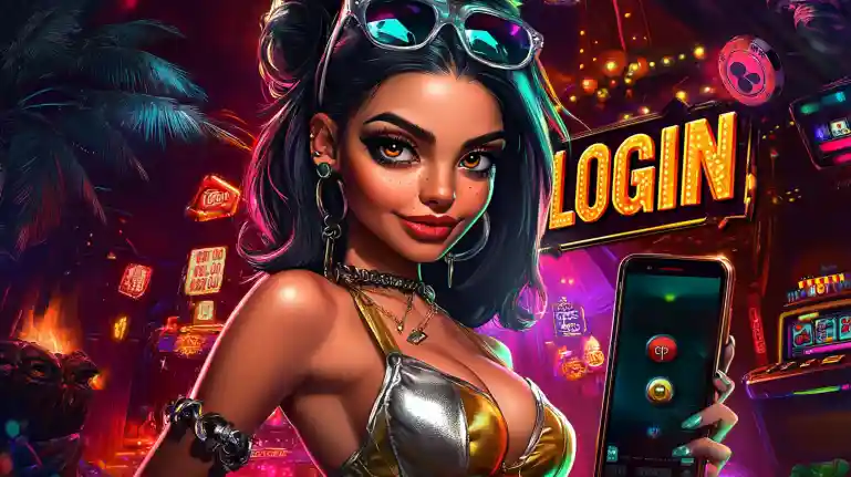 Red-haired woman in red dress posing near OKLV slot machines glowing in the dark casino atmosphere with intense lights and sensual vibes