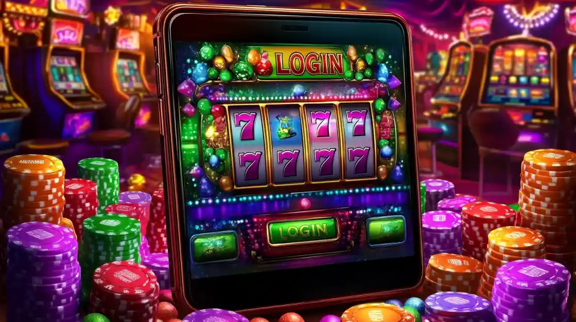 Smartphone screen showing 777 slot reels surrounded by colorful chips and glowing lights in OKLV vibrant casino hall atmosphere