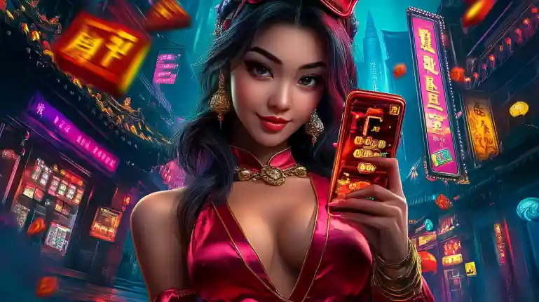 Stylish gamer girl with teal hair and yellow glasses on smartphone screen, surrounded by glowing OKLV casino chips and futuristic slot energy