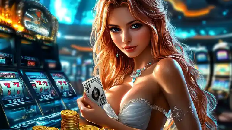 Elegant Asian woman in red dress holding smartphone with glowing OKLV slot app in neon-lit Chinatown casino street full of floating red lanterns