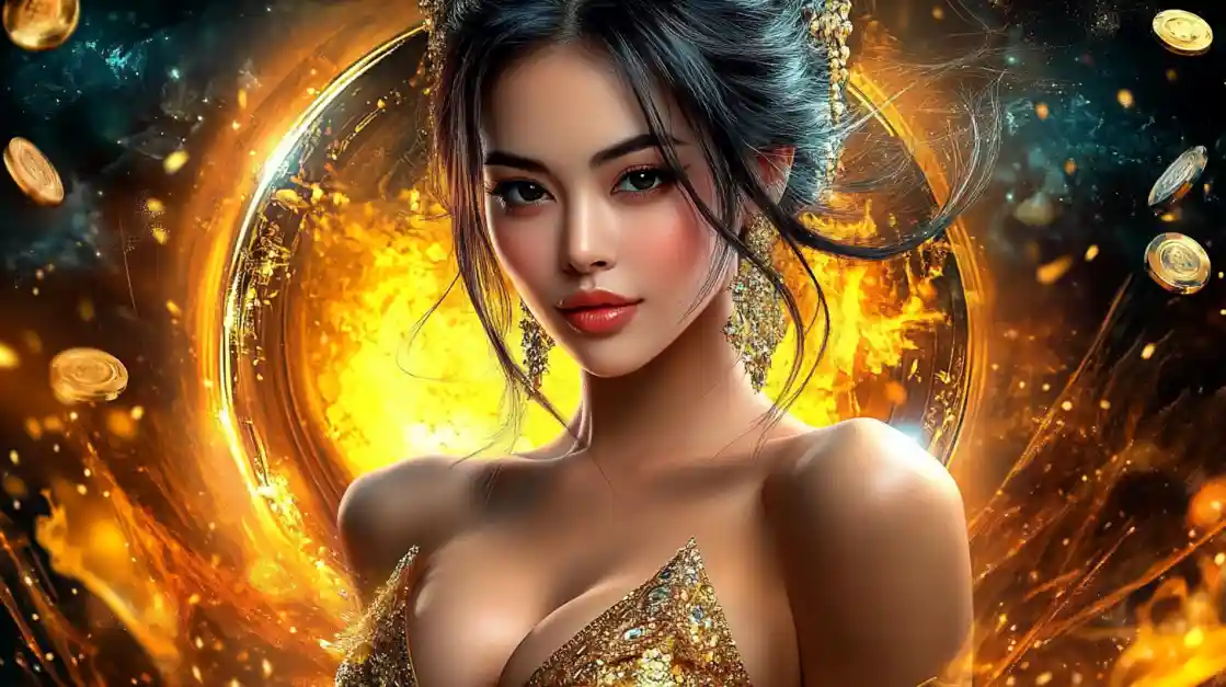 Stylish woman in gold top holding smartphone with login screen in neon-lit casino street filled with glowing OKLV slot signs and nightlife energy